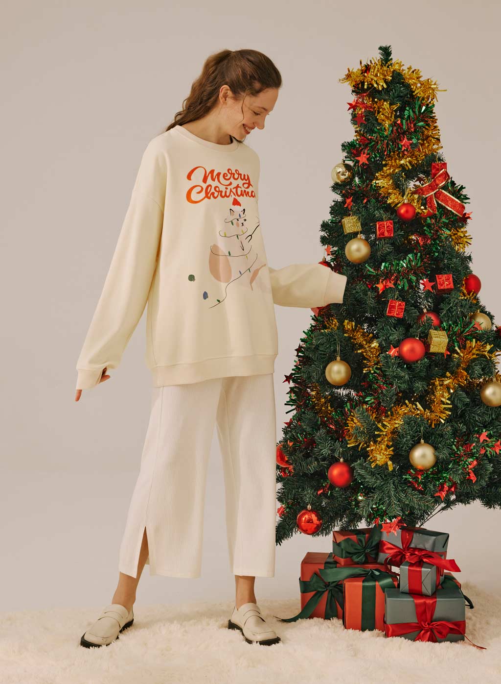 Christmas Cat Print Sweatshirt