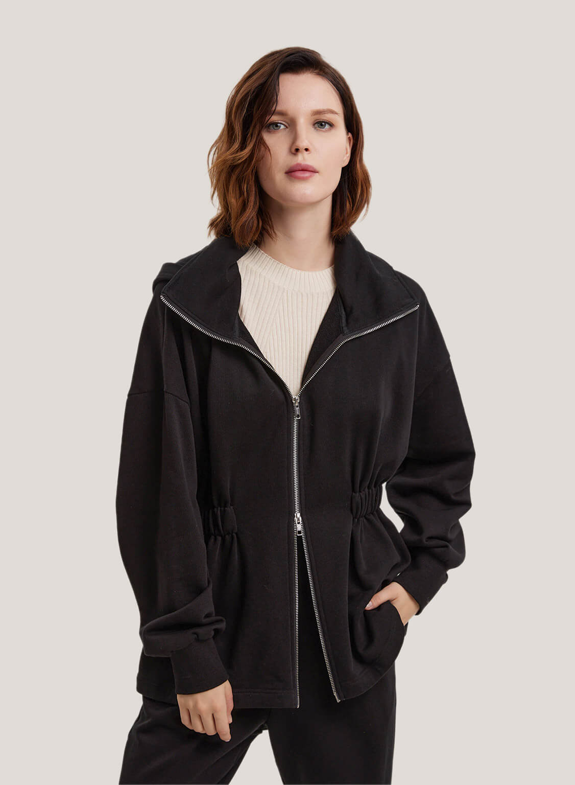 black zip up jacket
