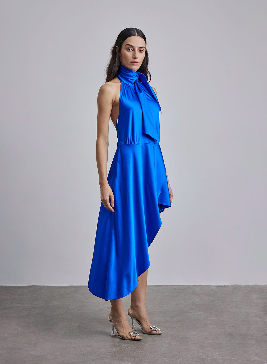 Halter Neck-Tie Hi-Low Silk Midi Dress